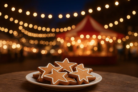 Nighttime scene with star-shaped gingerbread cookies on plate at festive outdoor market with glowing string lights. concept of holiday dessert, winter festival, delicious treats.の写真素材