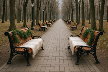 Winter park with benches and greenery in serene atmosphere during overcast day. concept of tranquility, seasonal atmosphere, scenic winter landscape.の写真素材
