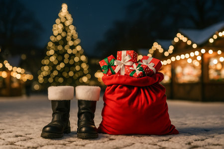 Winter scene with festive gift sack and boots in snowy village with christmas tree lights glowing at night. concept of holiday spirit, seasonal cheer, christmas market.の写真素材