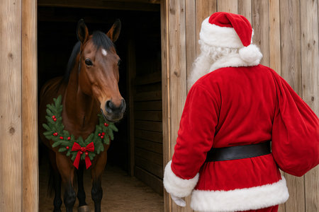 Santa claus greeting festive horse decorated with christmas wreath in barn, concept of holiday...