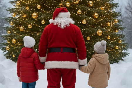 Santa claus with children admiring decorated christmas tree with golden ornaments in winter wonderland. concept of holiday magic, festive family time, seasonal cheer.の写真素材
