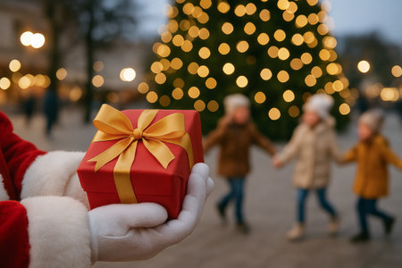 Santa claus holding a gift box in front of a bokeh-lit christmas tree with children skating in the background, capturing the joy of the holiday season.の写真素材