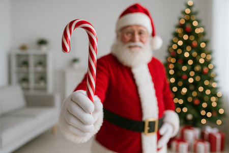 Close-up of santa claus hand holding candy cane in festive holiday setting with christmas tree and presents. concept of holiday cheer, candy treat, santa tradition.の写真素材