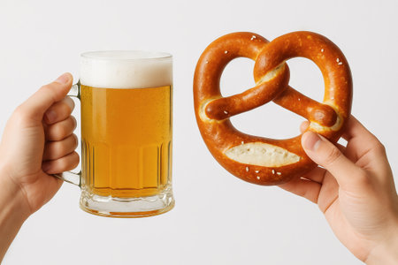 Hands holding beer mug and pretzel symbolizing oktoberfest celebration and enjoyment of traditional german snacks.の写真素材