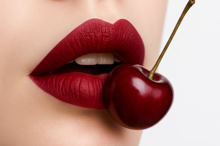Close-up of luscious lips holding a fresh cherry. concept of sensual beauty, fruit symbolism, vibrant makeup.の写真素材