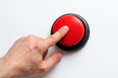Hand pressing red button on white background for urgent decision-making. concept of alert, immediate action, emergency situation, important choice.の写真素材
