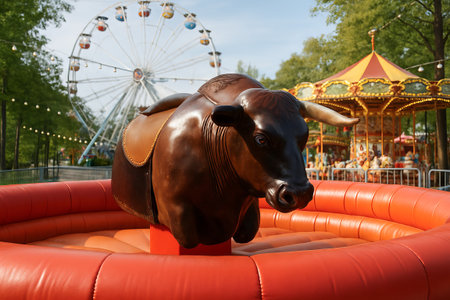 Mechanical bull at park fair with ferris wheel and carousel in background during sunny day. concept of amusement park attractions, outdoor entertainment, fairground rides.の写真素材