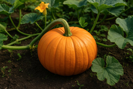 Vibrant pumpkin growing in lush garden under sunlit sky showing stages of natural growth. concept of harvest, organic farming, seasonal gardening.の写真素材