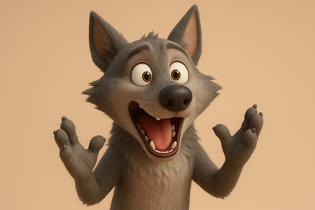 Playful cartoon wolf with surprised expression against light brown background illustration. concept of adventure, animal fun, wilderness character.の写真素材