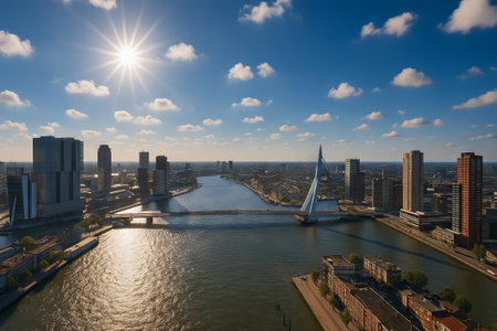 Stunning aerial view of cityscape and river under blue sky with sunlit clouds during daytime. concept of urban landscape, scenic architecture, modern bridge.の写真素材
