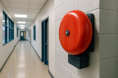 Modern red school bell in empty hallway illustrating simple, minimalistic design concept for education and alert systems in school environment.の写真素材