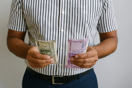 Person counting indian rupees in hands while standing indoors portraying financial management and currency handling concept of economy, personal finance, budgeting strategy.の写真素材