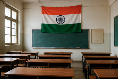 Indian flag hanging in classroom with wooden desks illuminated by sunlight. concept of education, classroom setting, national pride.の写真素材