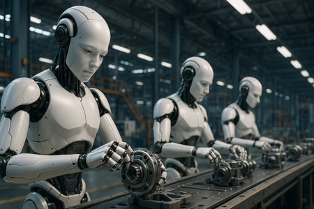 Autonomous robots working on assembly line in industrial factory environment showcasing advanced technology and automation concept of robotics engineering and machine precision.の写真素材