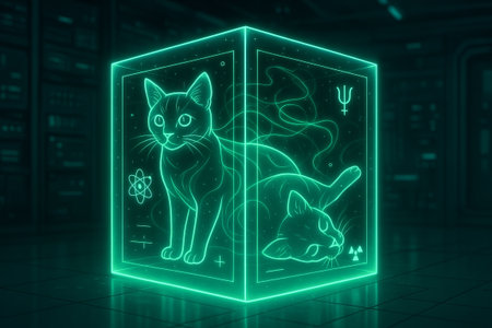 Quantum cat paradox illustration in neon colors with abstract science and futuristic technology concepts in a digital grid environment at night.の写真素材