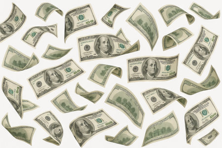 Floating dollar bills on white background representing financial freedom, wealth abundance, and prosperity in a simple artistic composition.の写真素材