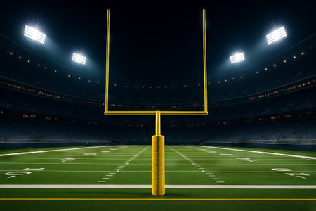 Nighttime football arena glowing under stadium lights captures thrilling atmosphere of competitive sports and team spirit during evening match excitement.の写真素材