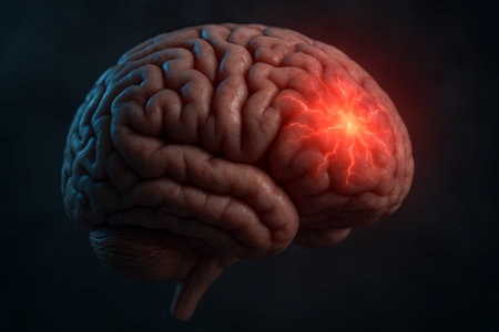 Human brain with migraine pain highlighted in artistic illustration showing neural activity and...