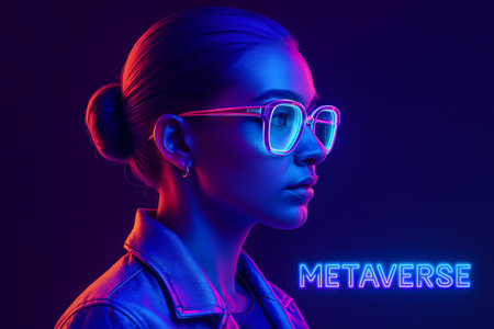 Digital illustration of woman in neon avatar style with glasses showcasing metaverse concept and...