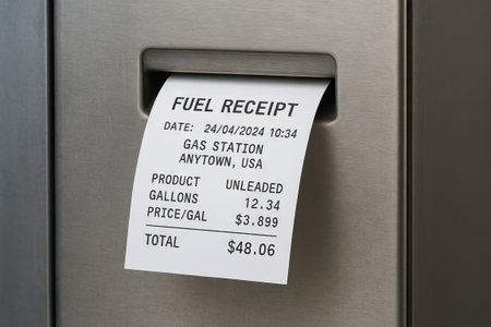 Gas station fuel receipt from machine with unleaded fuel details including gallons and price per gallon in anytown usa.の写真素材