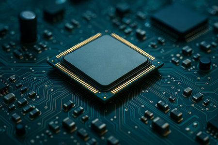 Microchip on circuit board electronic component close-up in high detail technology concept of microelectronics innovation, digital connectivity, circuitry precision.の写真素材