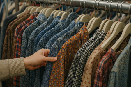 Diverse collection of vintage shirts in thrift store, capturing unique fashion styles and patterns. concept of affordable clothing, retro style, personal expression.の写真素材