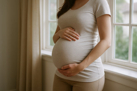 Pregnant woman embracing expectant journey in sunlit room with gentle light and tranquil atmosphere....