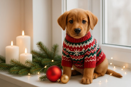 Cute puppy in festive sweater with christmas ornaments and candles by window with pine branches. concept of holiday decor, festive atmosphere, adorable pet portrait.の写真素材
