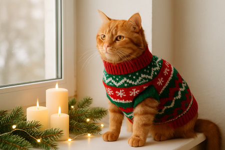 Ginger cat in festive sweater by candlelit window with christmas decor and pine branches. concept of cozy winter home, holiday warmth, festive cat portrait.の写真素材