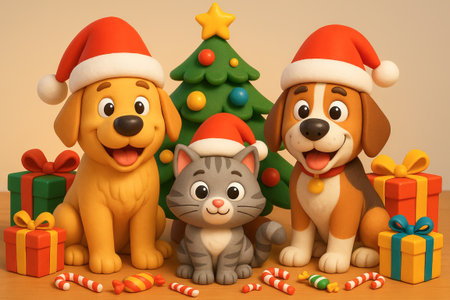 Adorable dogs and cat with santa hats surrounded by gifts and christmas tree. concept of holiday spirit, festive celebration, cute pets in christmas scene.の写真素材