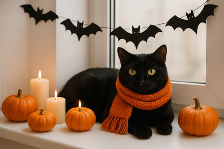 Black cat with pumpkins and candles on windowsill with halloween bat garland. concept of cozy halloween decor, festive atmosphere, autumn celebration.の写真素材