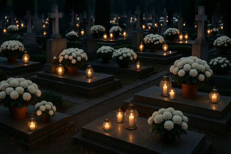 Illuminated cemetery with glowing lanterns and flower arrangements at night. concept of serenity, remembrance, tranquil atmosphere.の写真素材