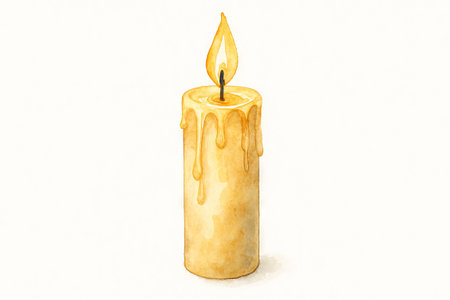 Watercolor candle illustration of single dripping wax candle with warm glow concept of simplicity serenity peaceful atmosphere elegant decor tranquil ambience.の写真素材