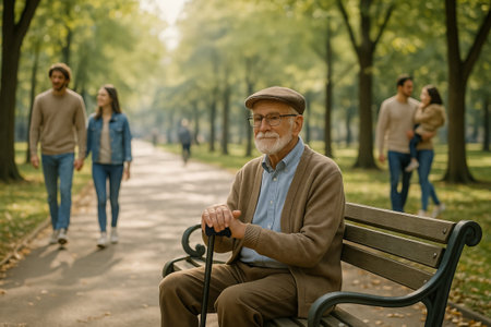 Elderly man sitting on park bench with people walking in background on a sunny day. concept of aging, leisure in nature, tranquility.の写真素材