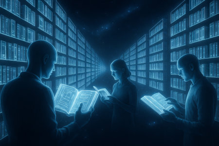 Futuristic space library with glowing bookshelves and people reading in sci-fi environment illustration. concept of cosmic knowledge, digital reading, futuristic study.の写真素材
