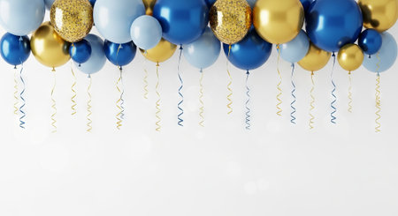 Blue and gold balloons with ribbons on white background for elegant party celebration, ideal festive decor, stunning illustration for special events, birthday, wedding.の写真素材