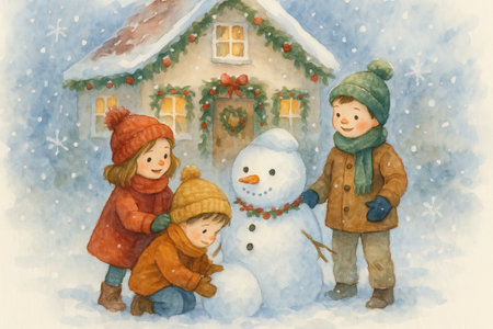 Children building a snowman in front of a cozy snow-covered house. concept of winter fun, childhood joy, festive season.の写真素材