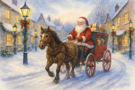 Santa claus riding a christmas carriage through a snowy village in festive winter scene. concept of holiday spirit, traditional celebration, christmas magic.の写真素材