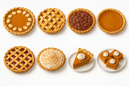 Assortment of homemade pies display with pumpkin and pecan variations shown in delicious simple composition for autumn dessert inspiration, SET.の写真素材