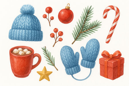 Winter holiday set with cozy mittens, warm hat, festive ornament, candy cane, gift, hot cocoa and evergreen branch. concept of seasonal celebration, cozy decor, festive cheer, SET.の写真素材
