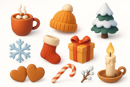 Cozy winter elements illustration featuring hot cocoa, knitted hat, snowy tree, stocking, gift, candle, hearts, snowflake, candy cane, and berries for seasonal decor., SET.の写真素材