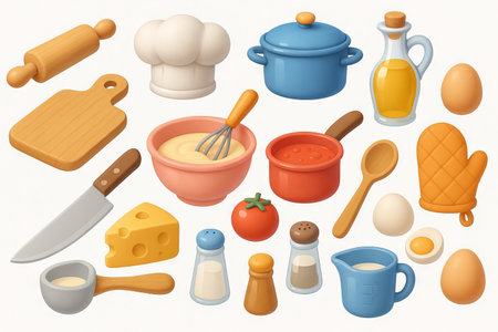 Culinary set illustration with cooking tools and ingredients including pot, knife, whisk, cheese, and eggs for kitchen and recipe concepts, home cooking, food prep art, SET.の写真素材