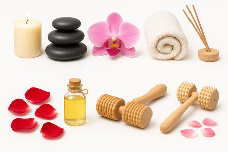 Spa attributes on white background with candle, stones, orchid, towel, oil, rose petals and massage tools. concept of relaxation, aromatherapy, wellness., SET.の写真素材