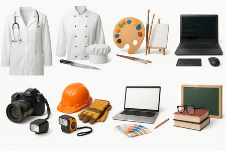 Professional equipment in photorealistic style including doctor s coat, chef jacket, artist s tools, construction gear, laptop, camera, and books for skilled occupations, SET.の写真素材