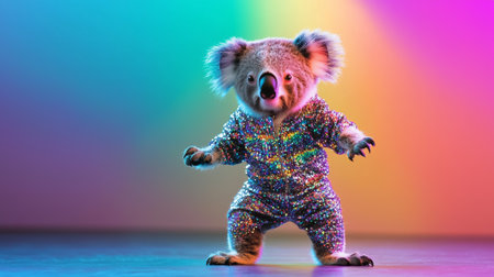 Playful koala in retro style outfit dancing with colorful background. concept of fun wildlife, disco fashion, vibrant animal expression, copy space.の写真素材