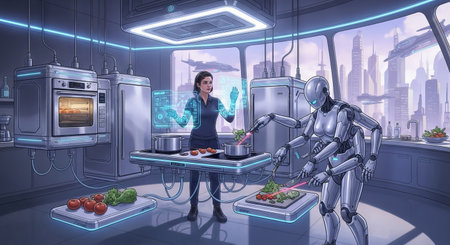 Futuristic kitchen with robot assistant cooking and woman chef using holographic display for meal preparation in high-tech urban setting. concept of innovation, automation, culinary.の写真素材