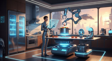 Futuristic kitchen with ai robot and holographic displays featuring woman cooking innovative meal using advanced gadgets and technology concepts.の写真素材