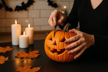 Halloween pumpkin carving with jack-o-lantern and autumn leaves in cozy candlelit setting. concept of seasonal decor, holiday craft, festive atmosphere.の写真素材
