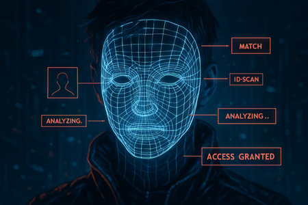 Digital mask face scan with blue wireframe lines analyzing facial features for identification access in futuristic technology scene. concept of biometrics, security, identification.の写真素材