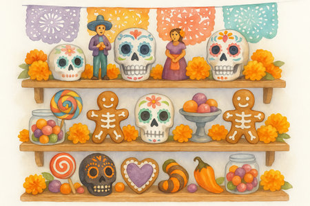 Day of the dead sweets and decor featuring colorful sugar skulls and traditional marigolds illustration. concept of celebration, mexican culture, festive decorations.の写真素材